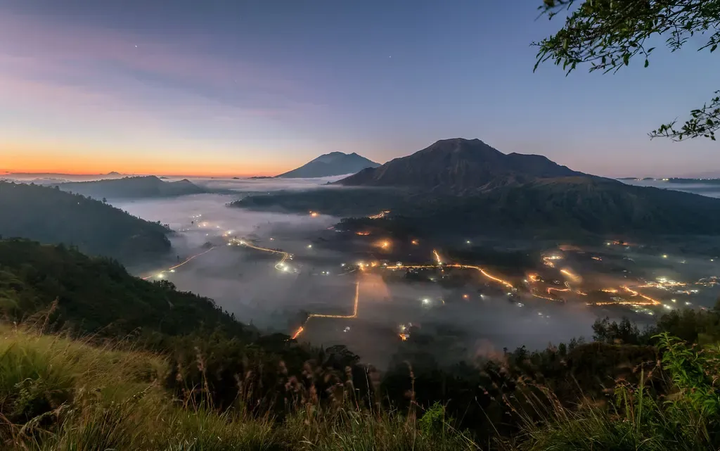 Sunrise over the Batur caldera from Pinggan village