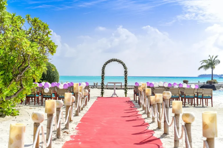 Beach wedding aisle and floral arch facing the sea