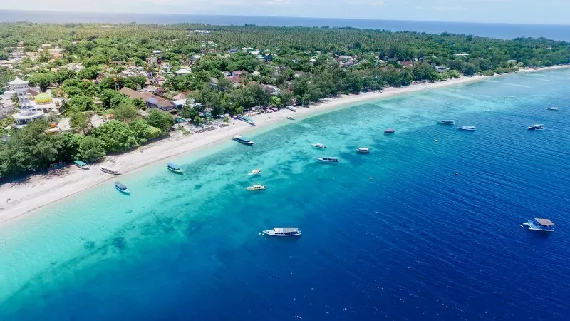 Aerial view of a turquoise island coastline