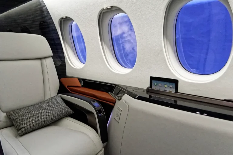 Leather seats inside a private jet cabin