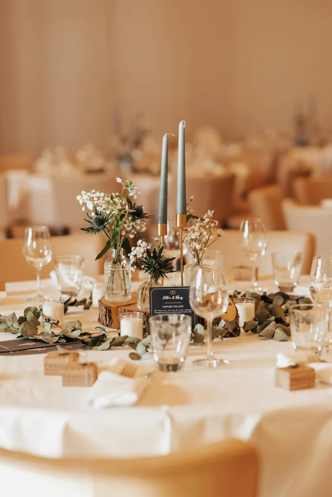 Wedding reception table with flowers and candles